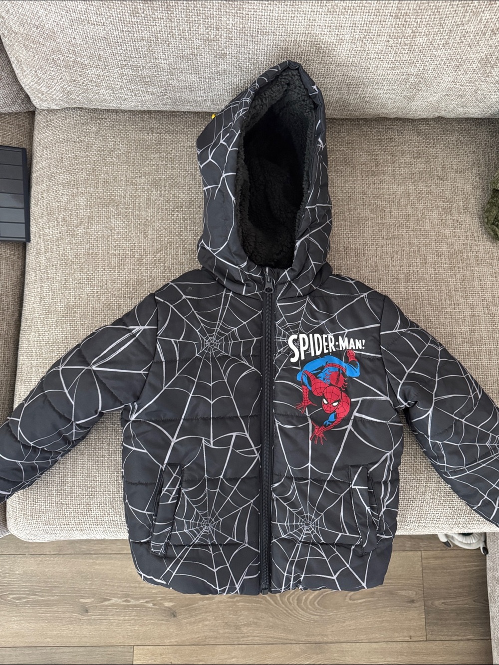 Spiderman Black Puffer Jacket with Gray Web and Red/Blue Spider